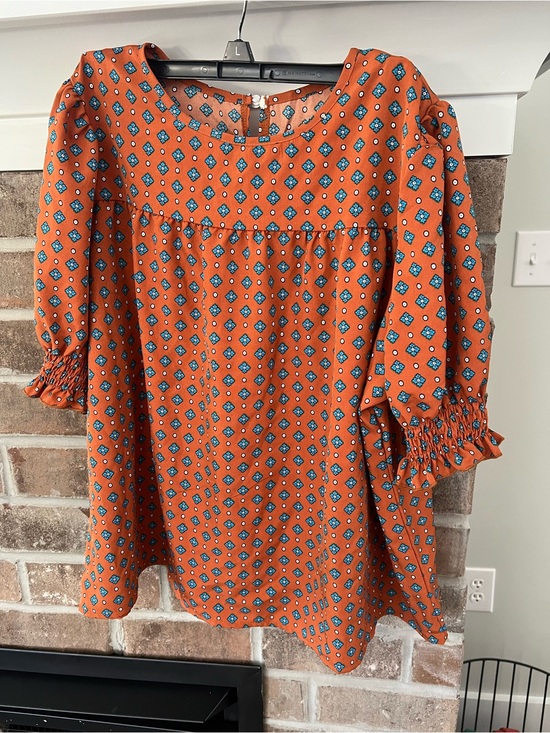 Tops - Orange Boho Smocked Sleeve Tunic with Blue Geo Print
